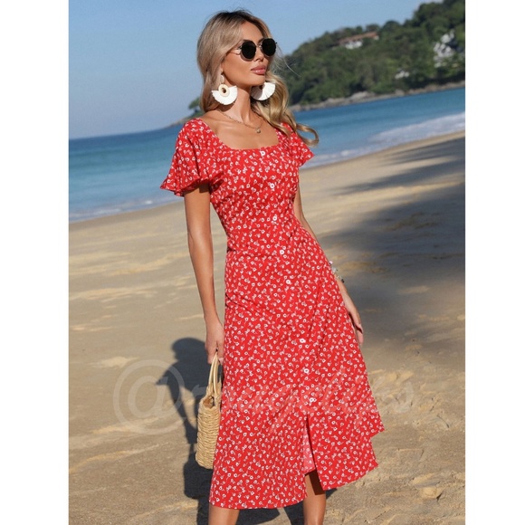 Boho Red Floral Square Neck Ruffle Hem Midi Length, A Line Button Up Dress - Picture 6 of 7